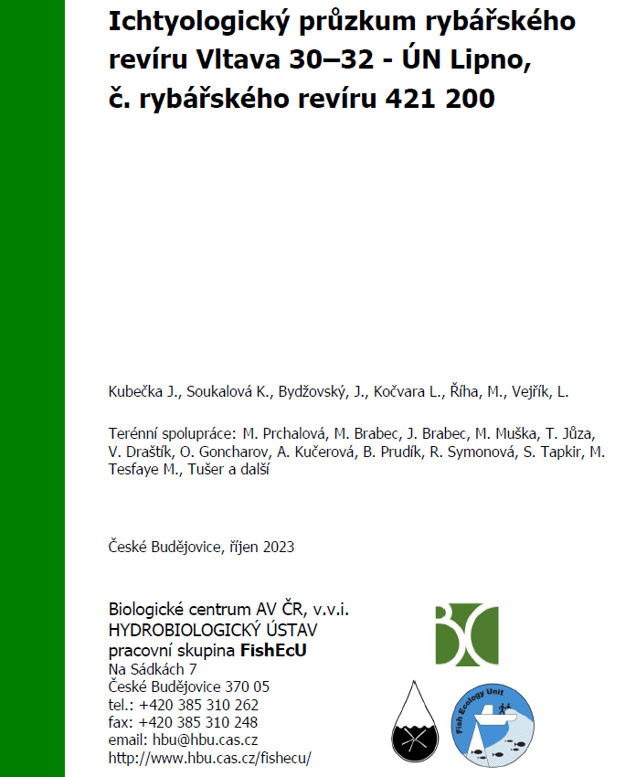 Ichtyologický průzkum Vltava 30–32 - ÚN Lipno 2023